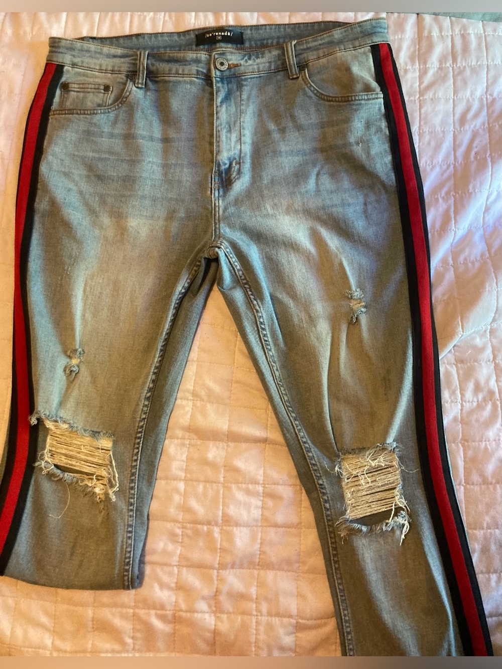 Men's Serenade Light Blue Distressed Jeans with Red & Black Side Stripes size 38
